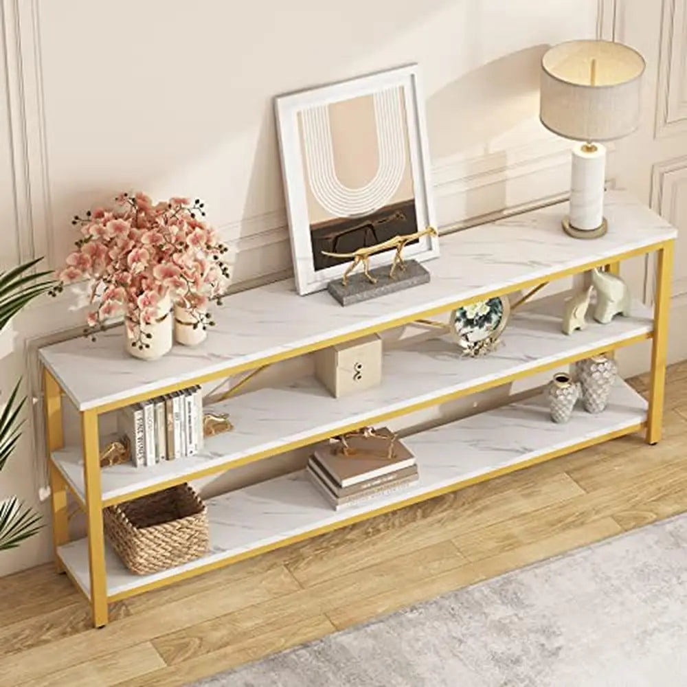 Console Table White & Gold Shelf  Wood