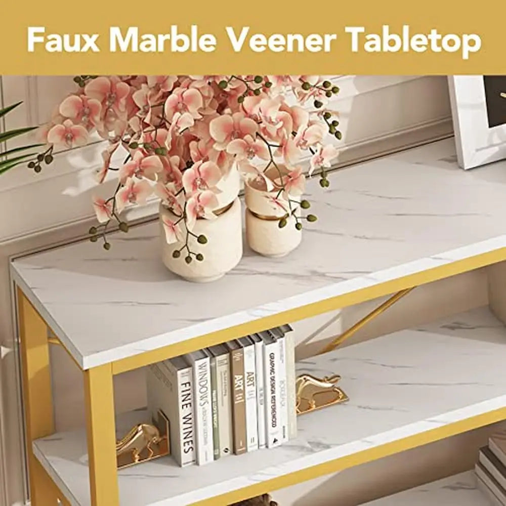 Console Table White & Gold Shelf  Wood