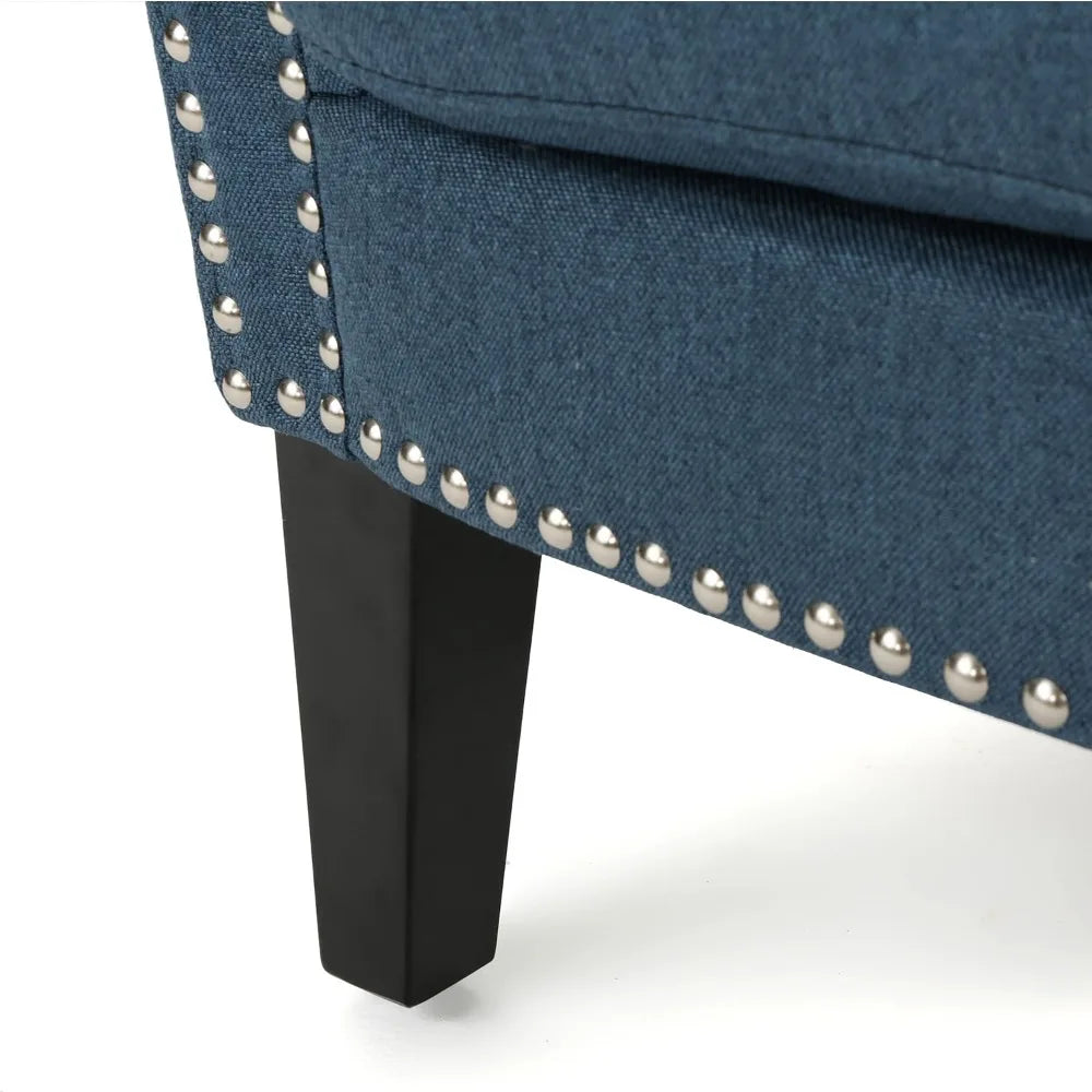 Brice Vintage Scroll Arm Studded Fabric Club Chair, Navy Blue / Dark Brown 31D x 29.5W x 31.5H in