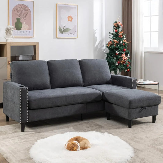 Convertible Sectional Couches for Living Room, L-Shaped Couch 3 Seats Sofas with Storage Chaise & 2 Cup Holders, Small Sofa for