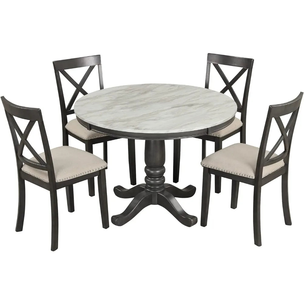 Faux Marble Round Dining Room Table Set with Chairs for Small Space, 5 Piece Kitchen Dining Furniture Set with Round Table