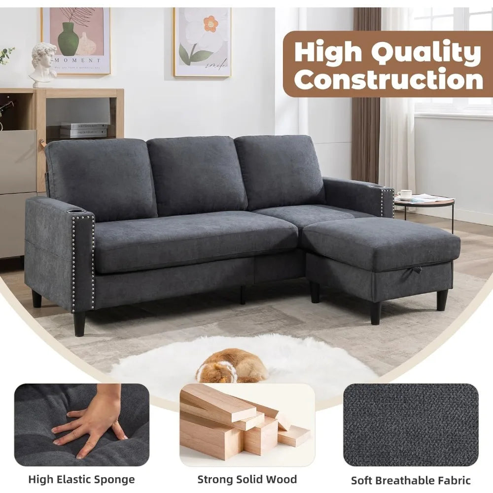 Convertible Sectional Couches for Living Room, L-Shaped Couch 3 Seats Sofas with Storage Chaise & 2 Cup Holders, Small Sofa for