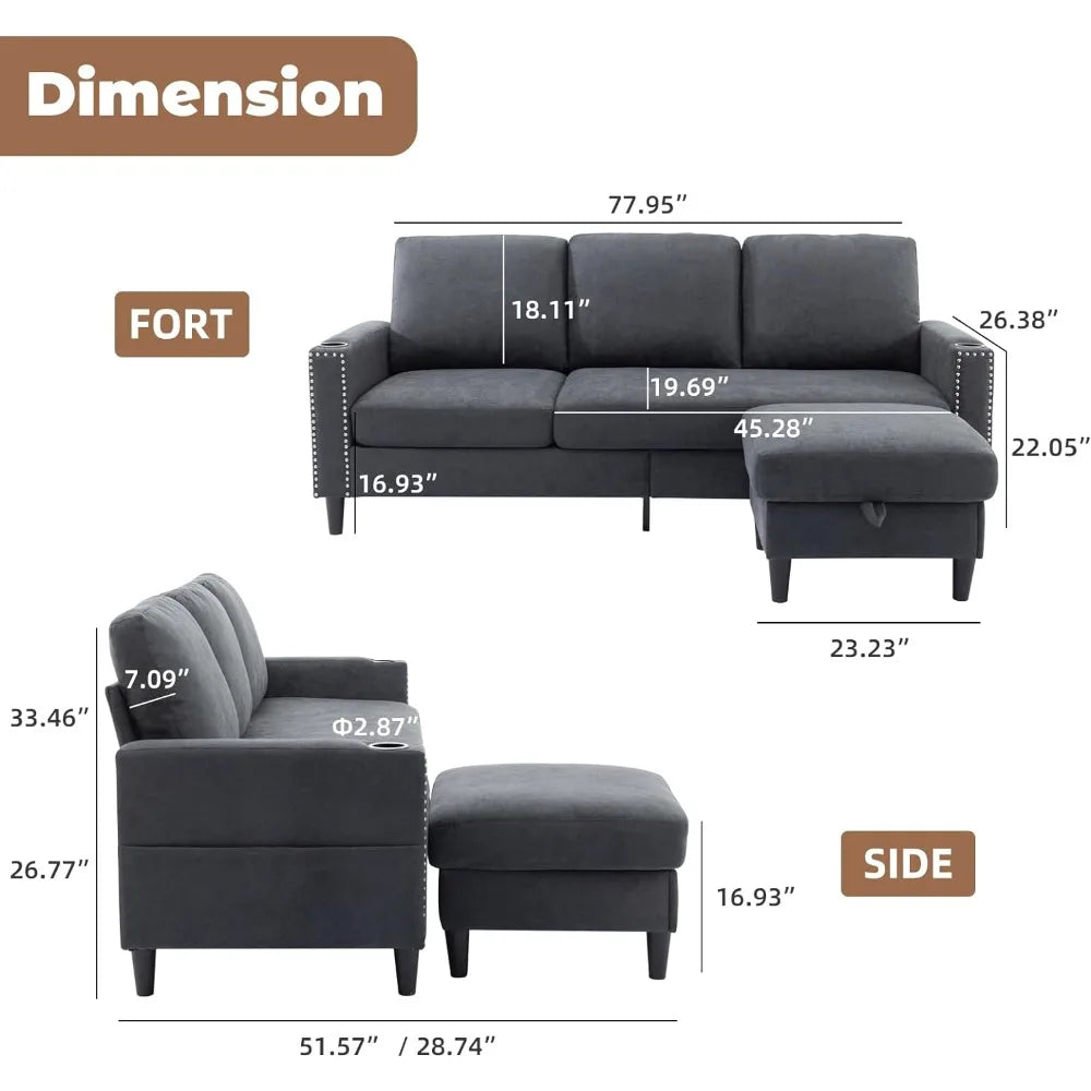 Convertible Sectional Couches for Living Room, L-Shaped Couch 3 Seats Sofas with Storage Chaise & 2 Cup Holders, Small Sofa for